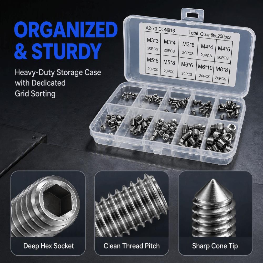 200PCS Silver Grub Screw Set M3 To M8 Inner Hex Screw Stainless Steel Screw For Precise Instrument