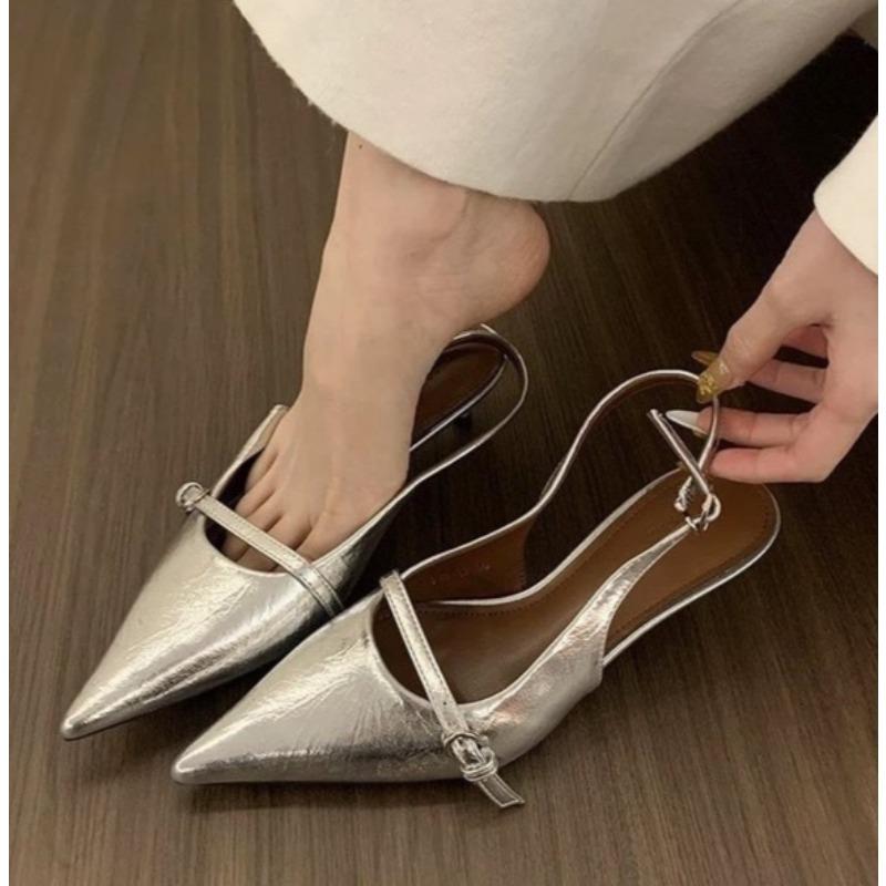 Fashion Pointed Toe Buckle Strap Ladies Sandals Gold Shallow Fashion Sexy Party Slingbacks 2026 Summer High Heeled Shoes Woman