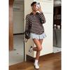 Womens Striped Button Polo Collar Long Sleeve Casual Loose Sweatshirt