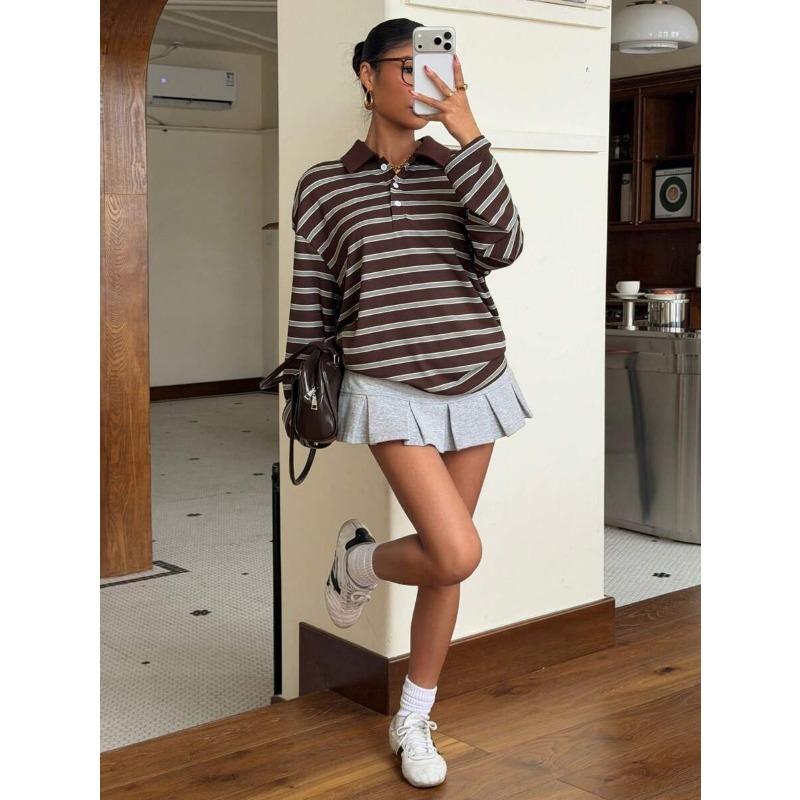 Womens Striped Button Polo Collar Long Sleeve Casual Loose Sweatshirt