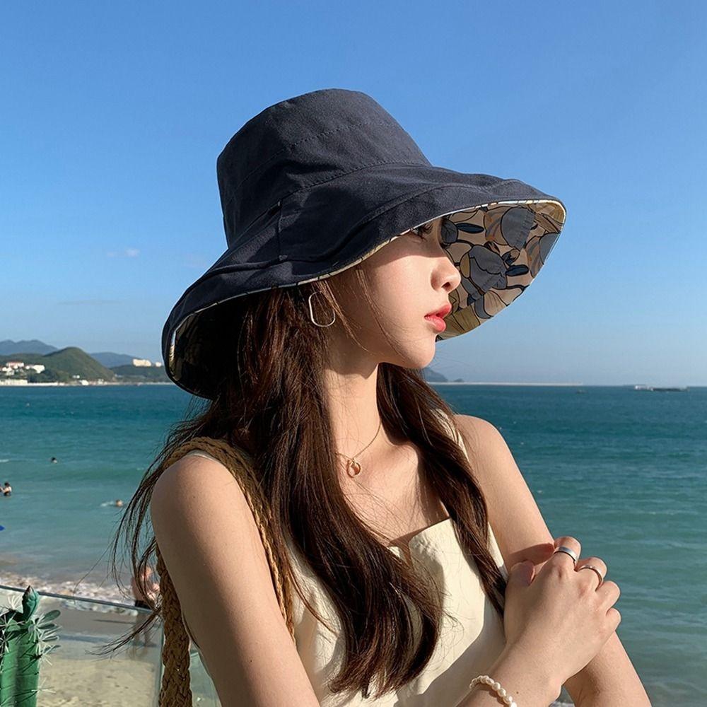 Double-Sided Women Fisherman Hat Flower Print Sunscreen Visor Cap Portable Summer Sun Hat  Travel
