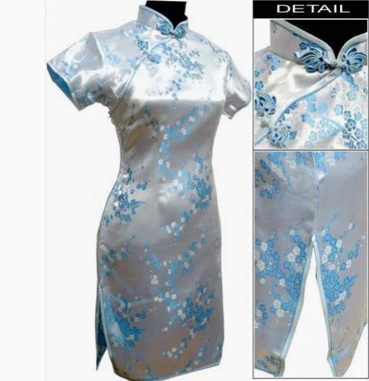 Raffinato Floreale Donna Mini Qipao Elegante Nero Collo Mandarino Cheongsam Sexy Spacco Alto Slim Abito Cinese