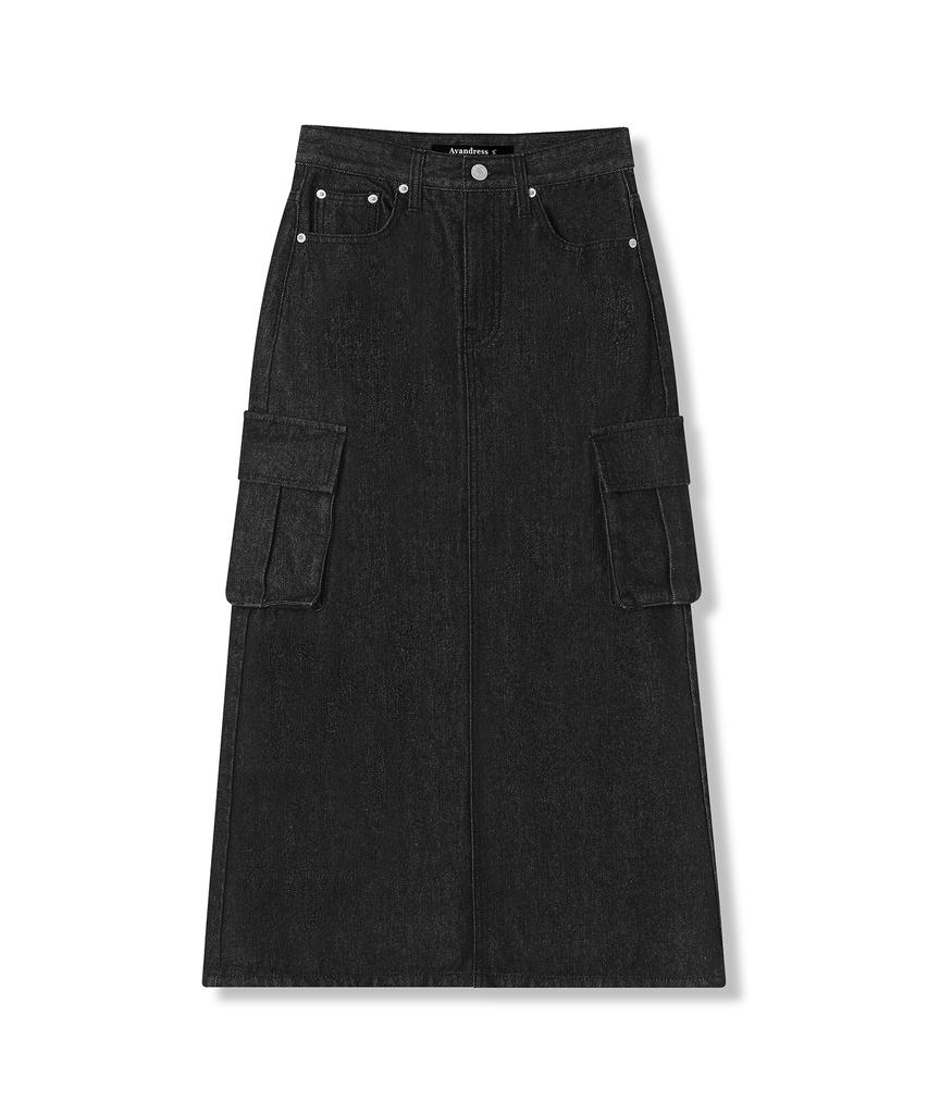 AVANDRESS Rynn Pocket Slit Denim Long Skirt Black