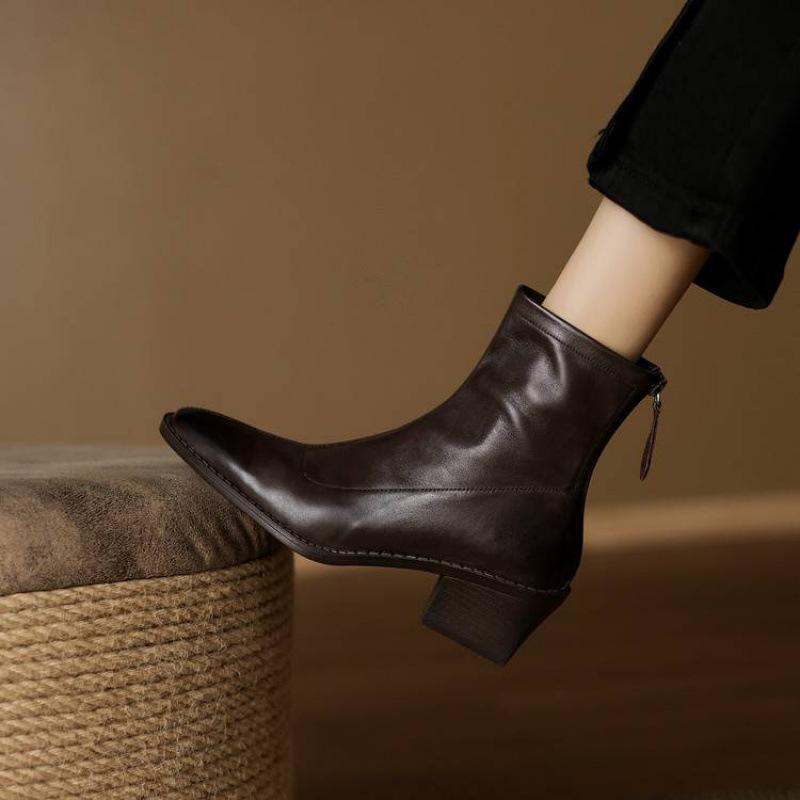 

Autumn and Winter Women s Leather Martin Boots Solid Color High Heel Large Size Women s Boots Pointed Coarse Heel Comfortable Back Zipper Medium Boots 40