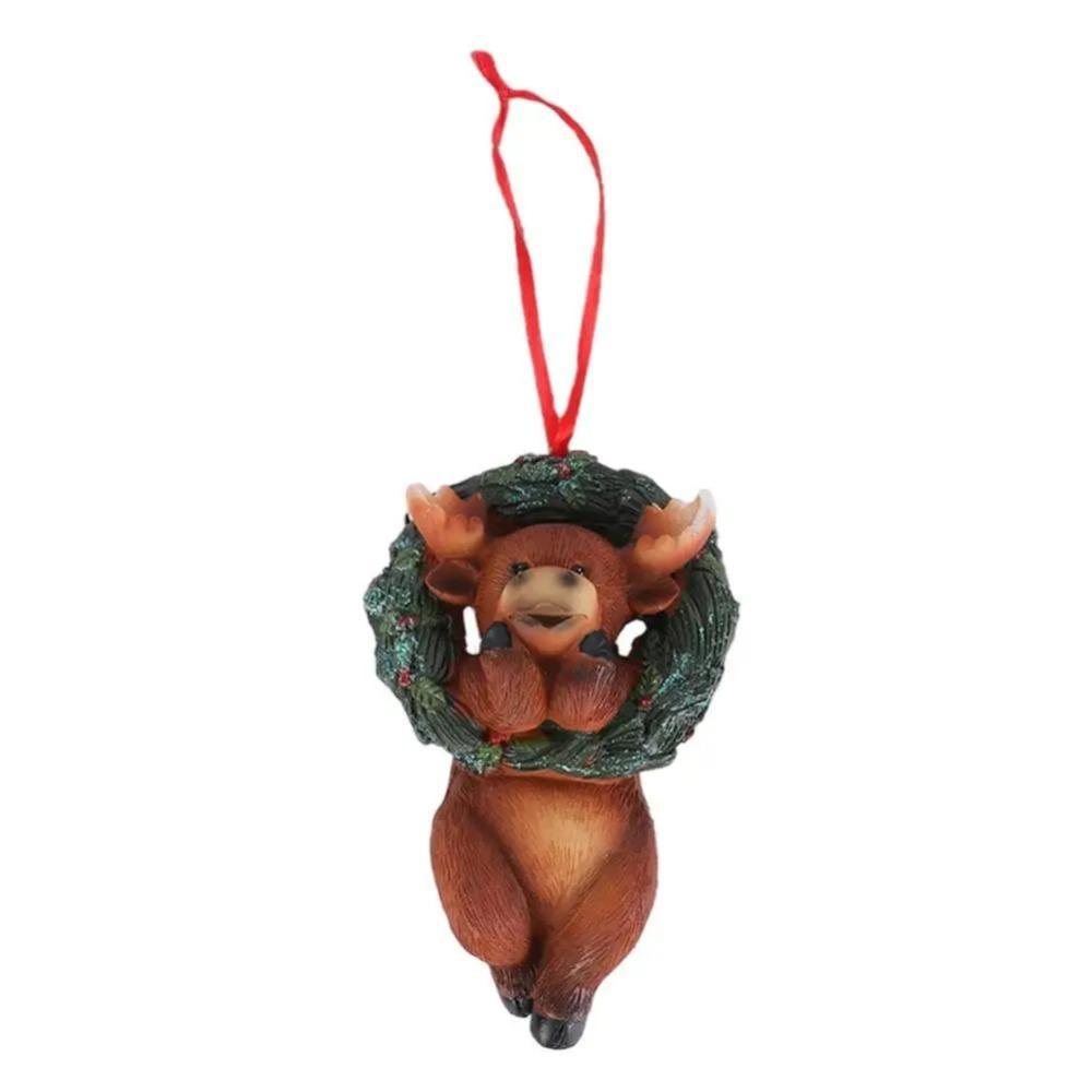 Resin Crafts Christmas Tree Pendant Cartoon Animals Mini Bear Statue Wreath  Room Decoration
