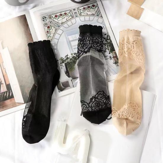 5 Pairs Lace Ankle Socks for Women Summer Sheer Mesh Socks Transparent Thin Floral Lace Ruffle Socks