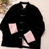 [Spot] Fangyuan Black New Chinese Style Disc Buckle Velvet Splicing Contrasting Color Light Luxury Long-sleeved Shirt Female Spring