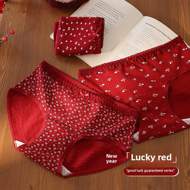 Women's Spring and Summer Print Benming Year Red 10A Bacteriostatic Extended Middle Waist Triangle Briefs