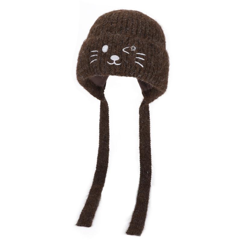 Winter warm ear protection pullover hat children cartoon cute cat embroidered knitted hat showing face small versatile wool hat