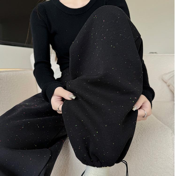 

High-waisted Loosely Tied Feet and Fleece Sweatpants Straight Leg Casual Wide-leg Pants XXL чорний