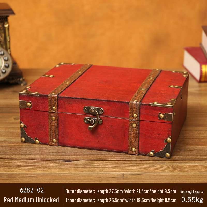 Retro Wooden Rectangular Storage Box Set with Lock - Creative Organizer & Decorative Props