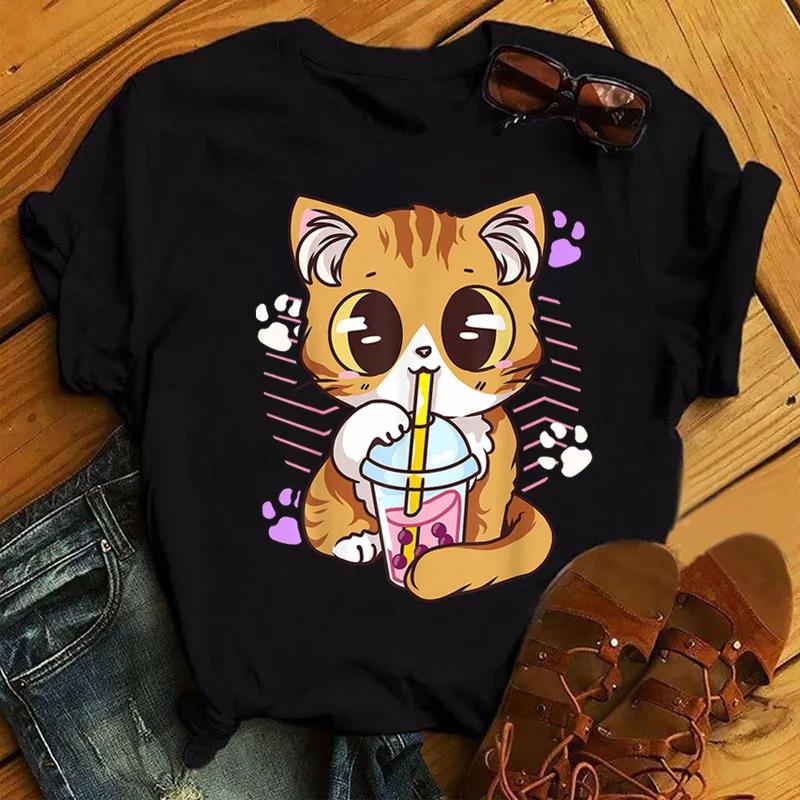 Kawaii Cartoon Milk Tea Printed T Shirt Women Fashion T Shirt Casual Tops 90s Girls Ladies Female Cute Graphic Tee