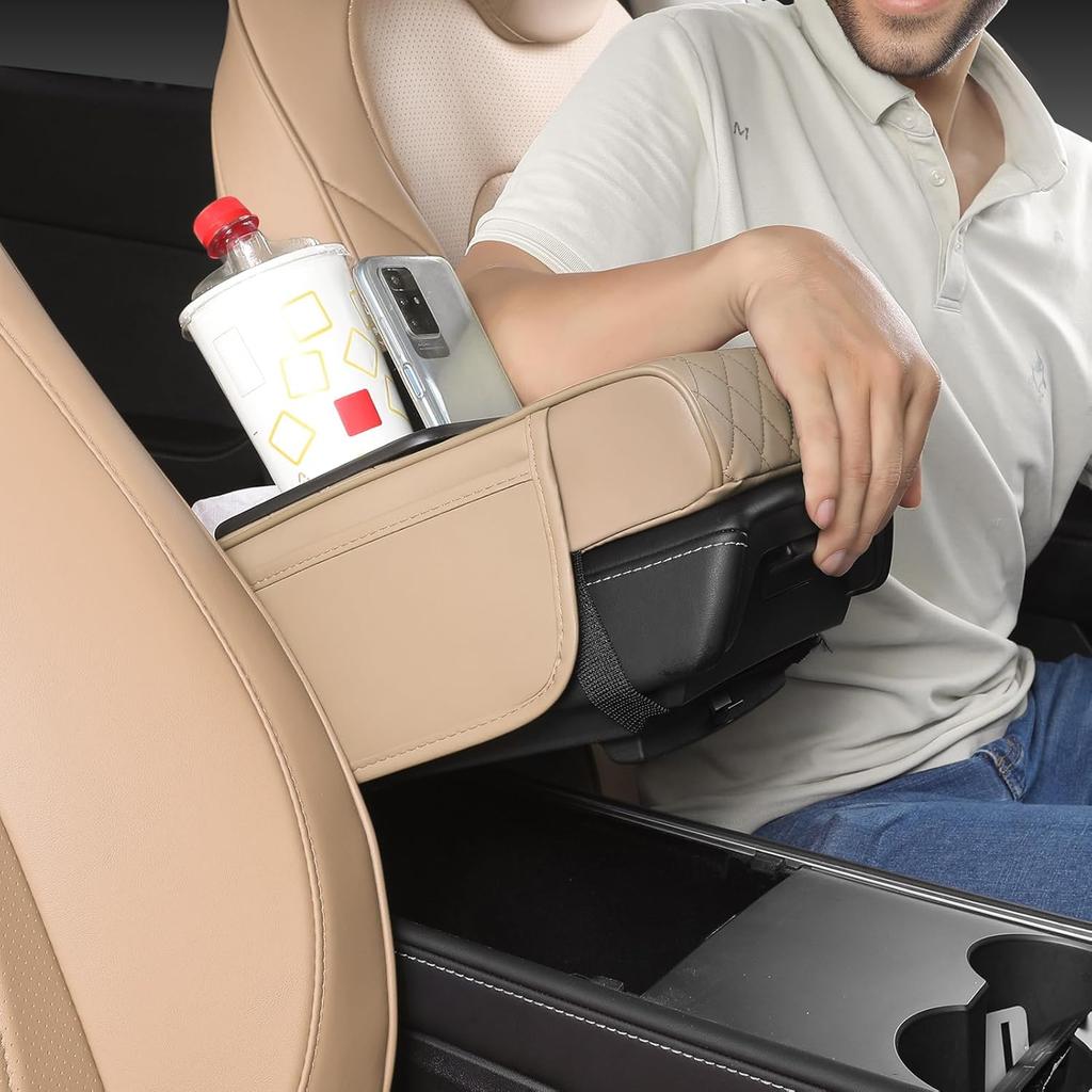 FREESOO Car Center Console Cover, Leather Armrest Cover For Car, Universal Middle Console Cushion With Storage Box, Cup Holder, Tissue Box & Phone