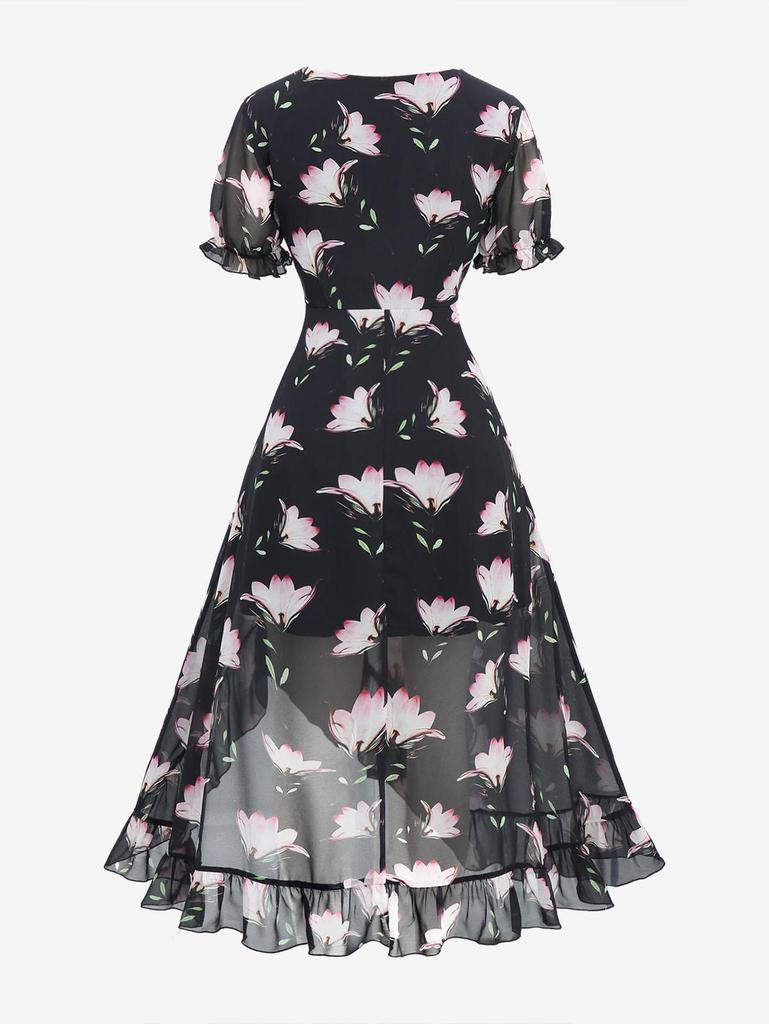 Rosegal Plus Size Floral Leaf Printed Ruffles Layered Chiffon Asymmetric A Line Midi Dress