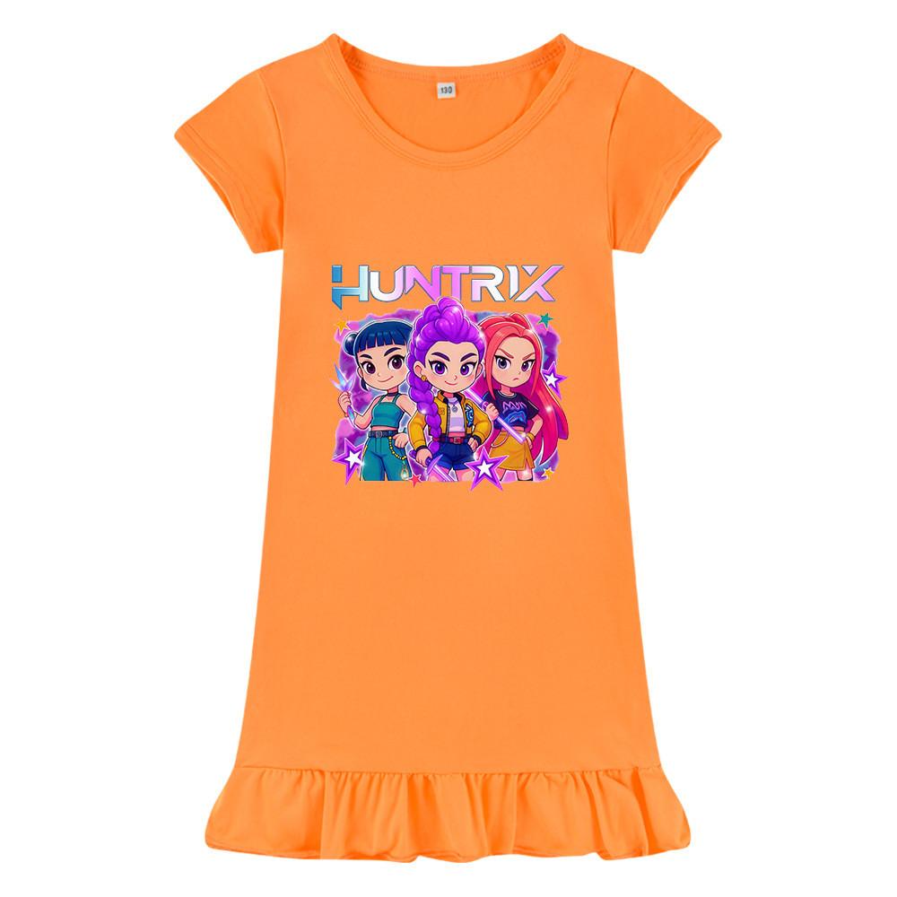 

M1200 Kids Girls Kpop Rumi Zoey Mira Print Short Sleeves Ruffle Dress 150cm помаранчевий