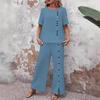Completo da Donna in Misto Lino a Maniche Corte con Scollo Quadrato e Bottoni, Pantaloni a Gamba Larga a Vita Alta con Bottoni Laterali, Completo Casual Bicolore a Due Pezzi
