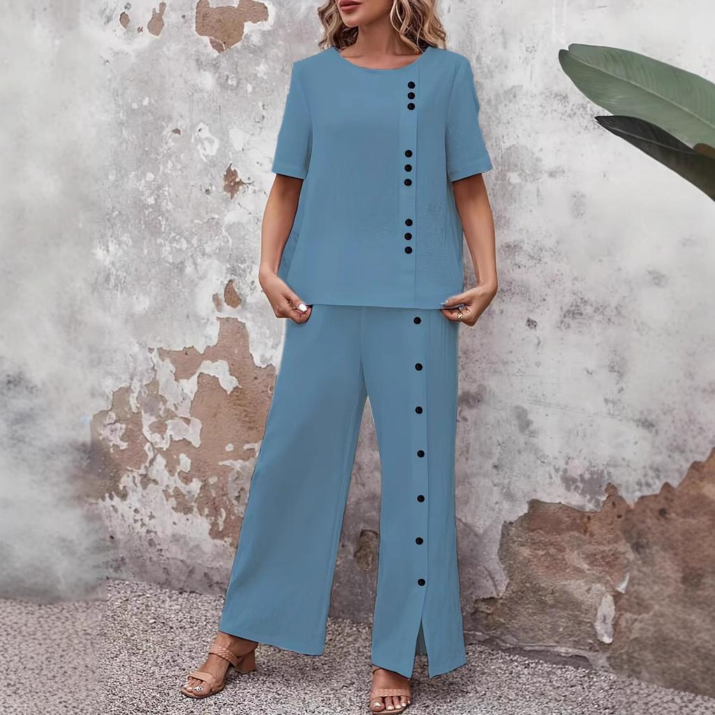 Completo da Donna in Misto Lino a Maniche Corte con Scollo Quadrato e Bottoni, Pantaloni a Gamba Larga a Vita Alta con Bottoni Laterali, Completo Casual Bicolore a Due Pezzi