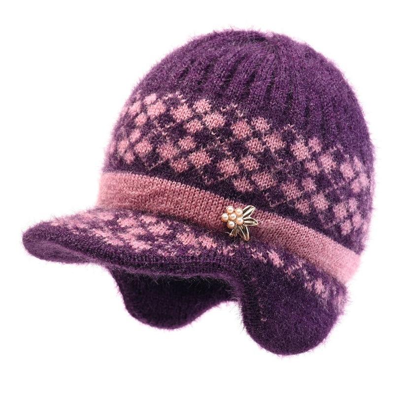 Winter Hat Female Old Lady Knitted Wool Hat Piled Thickened Warm and Cold Ear Hat