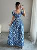 New printed puff-sleeved square neck lace-up waist elegant dress for women