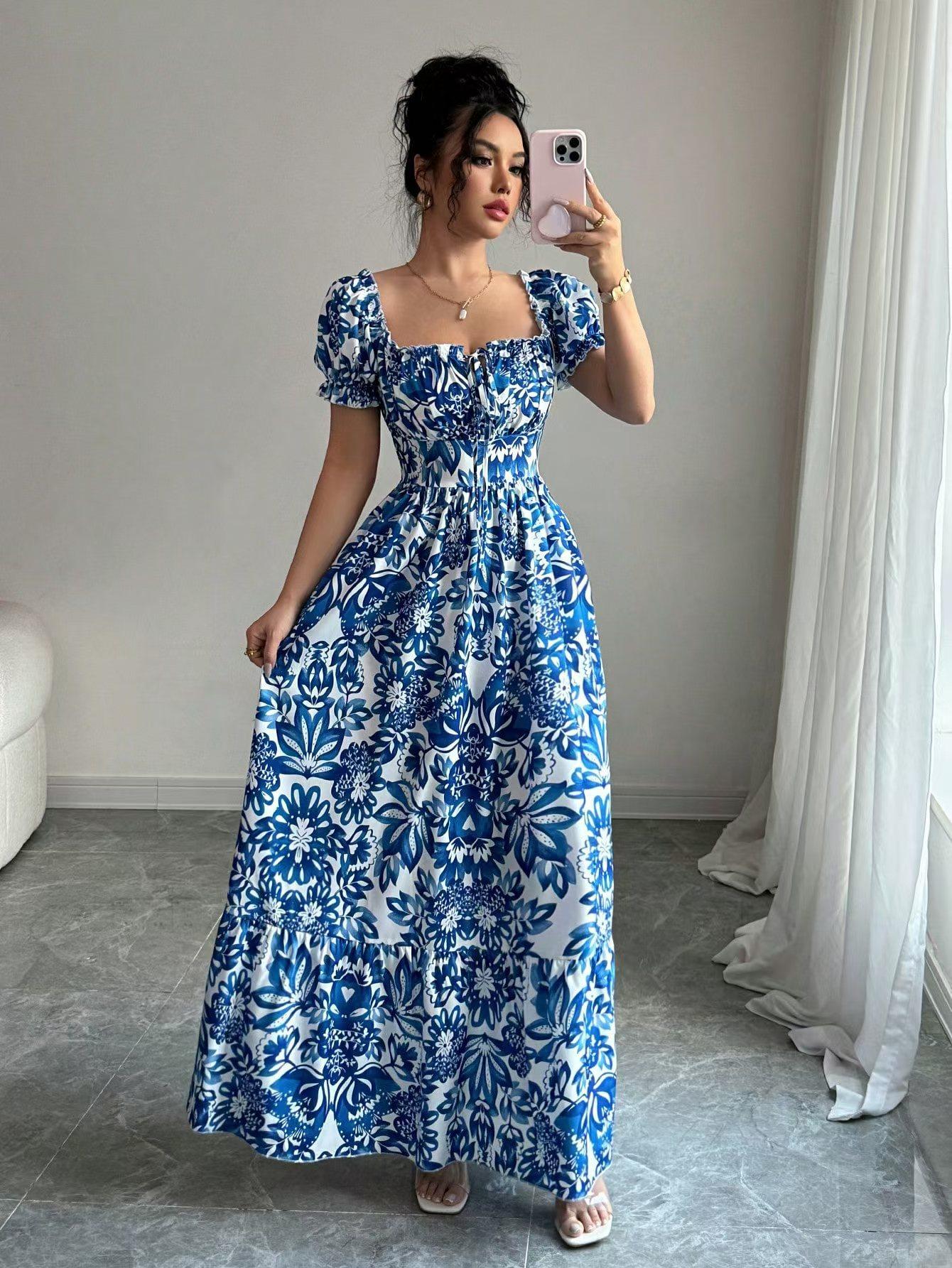 

New printed puff-sleeved square neck lace-up waist elegant dress for women XS синий