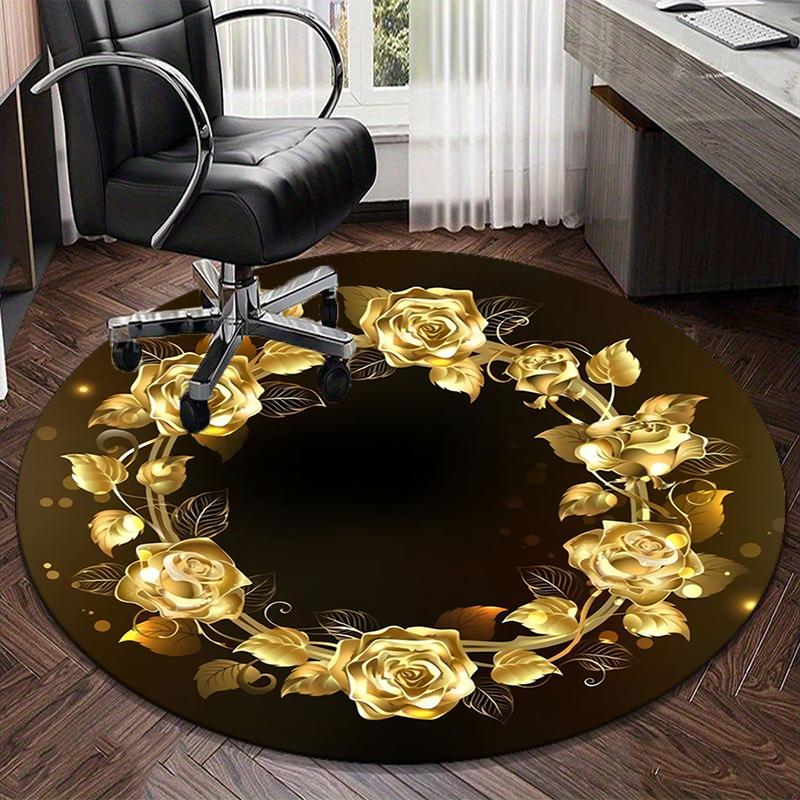 Golden Rose Wreath Design round carpet Chair cushion Round Entryway Rug, Soft Round Rugs for Living Room, Bedroom, Circle Carpet decor gifts