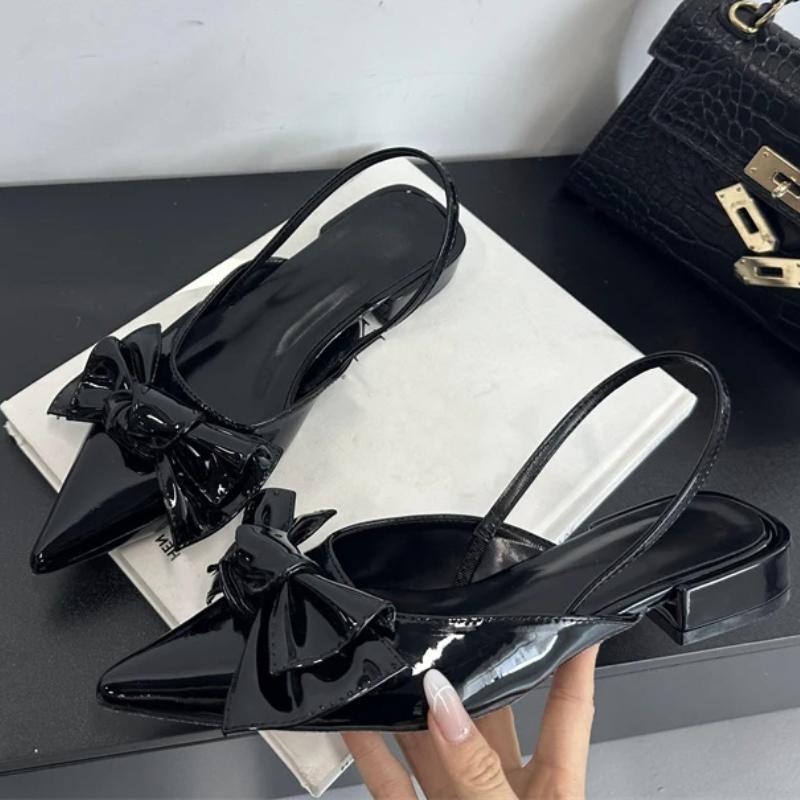 Designer Bowknot Flat Sandals Women Sexy Pointed Toe Backless Square Heel Dress Shoes New Fashion Party Back Strap Brand Pumps