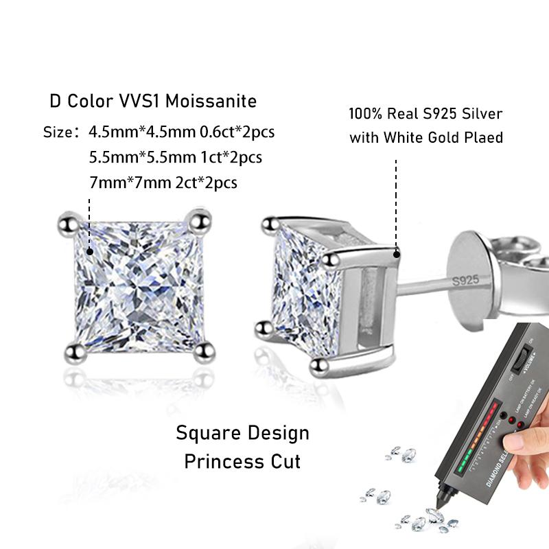 Tezzc D Princess Cut Moissanite Earring 925 Sliver Plated with White Gold Earrings for Women Fine Jewelry Gift