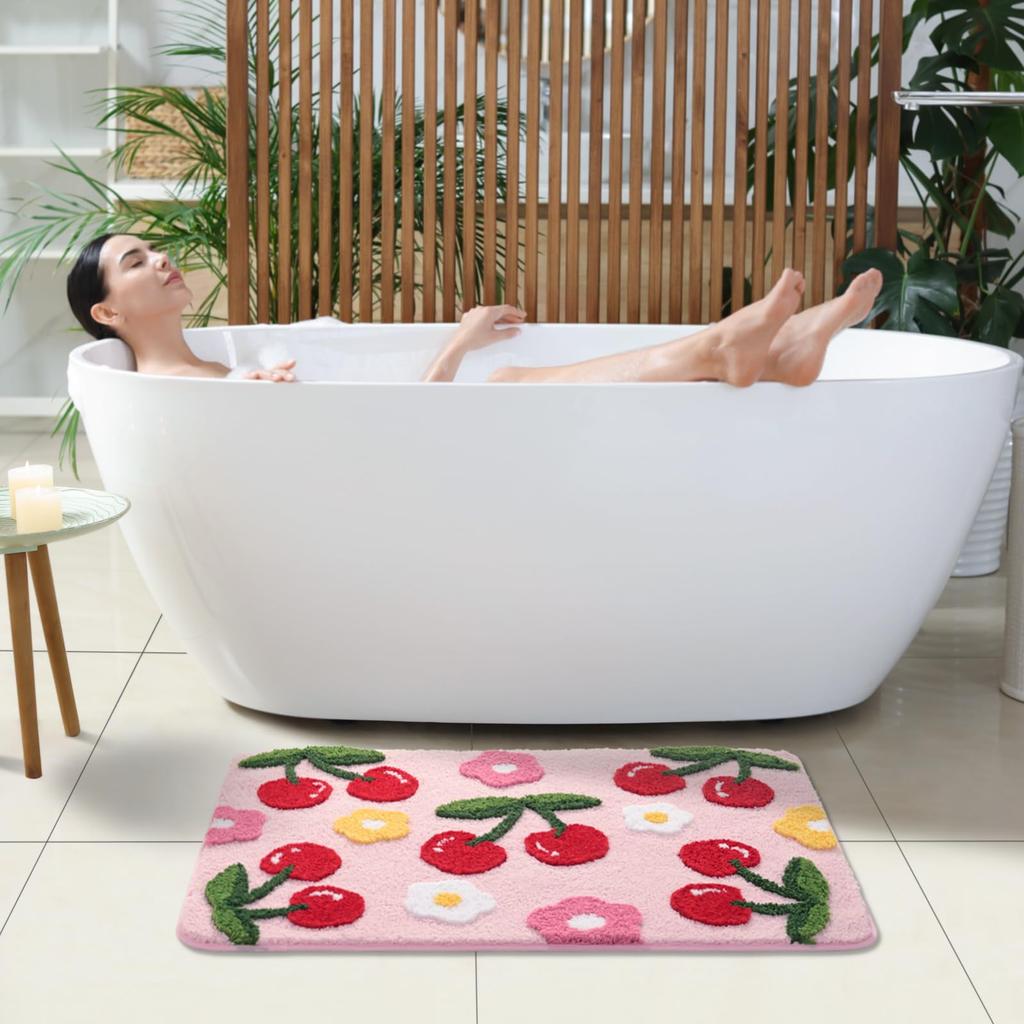 Beige Bathroom Rugs Cute Cherry Bath Mat Coloful Bathroom Accessories, Funny Flower Rug Non Slip Floor Mat, Machine