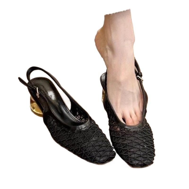 Fashion French Temperament Square Head Braided Bag Head Backspace Sandals Spring and Summer New Fashion Crystal Single Shoes Dark Brown