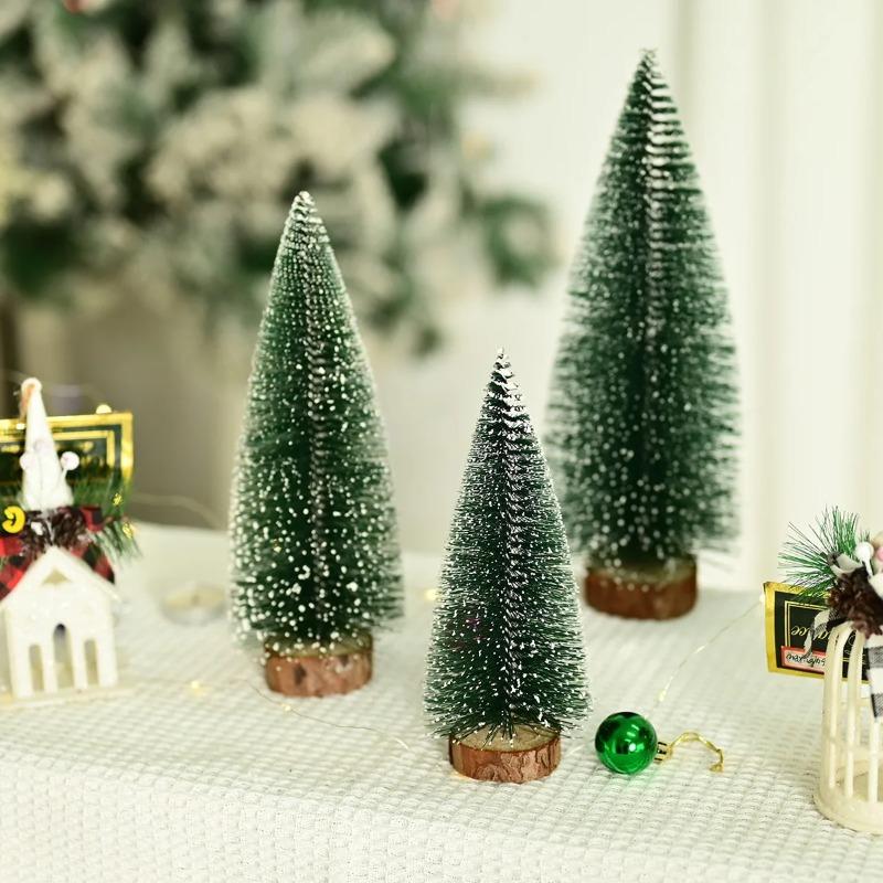 Mini Christmas Trees Artificial Pine Tabletop Decor Snow Top Dark Green Silver White Wood Base Xmas Party Decoration Decoration