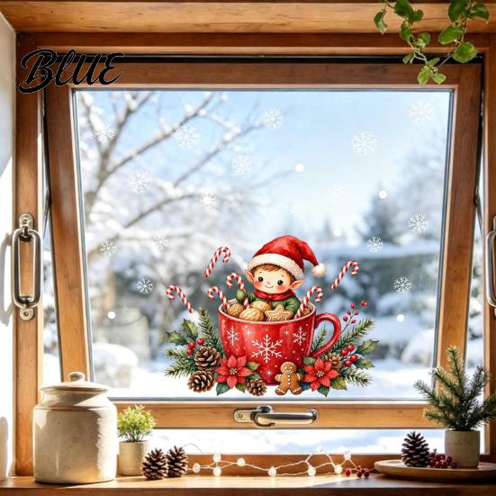 Snowflake Glass Clings Christmas Elf Mug Window Sticker Festive Static Cling Decal Removable Art Gingerbread Man Sticker for Doors Windows Holiday