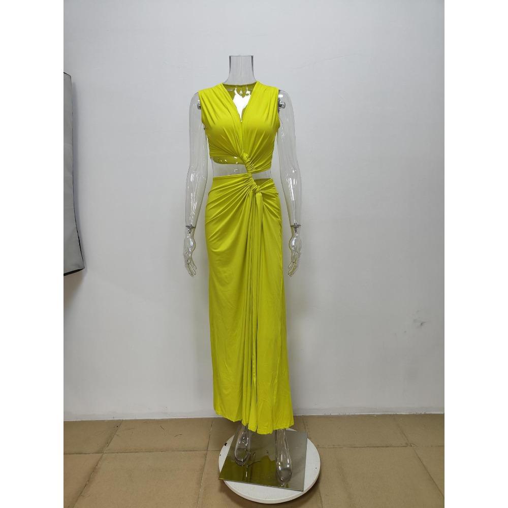 Spring Womens Fashion Hollow Out Knot Slit V Neck Sleeveless Pleated Irregular Dress