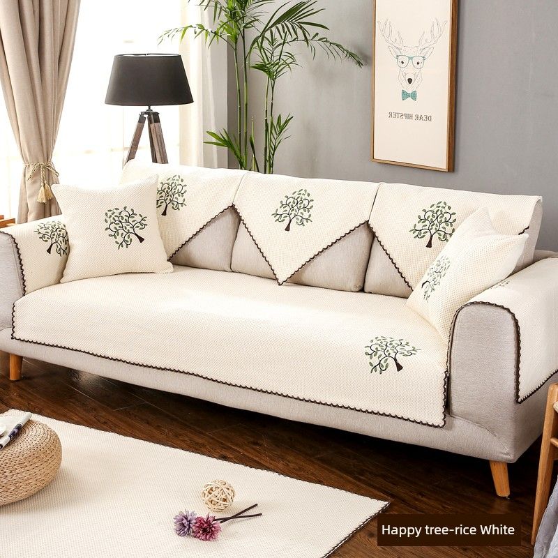 

Cotton Linen Sofa Cushion All Year Round Neutral Non Slip Simple Cloth Modern Living Room Chinese Solid Wood Cushion Backrest Towel Cover Lucky Tree Rice White 50*50cm