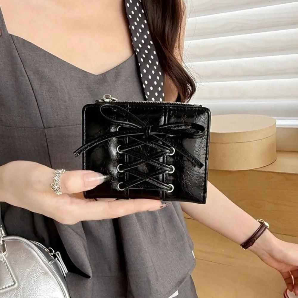New Folding Coin Purse Portable Zipper Credit Card Holder Strap Bow Coin Pouch Women