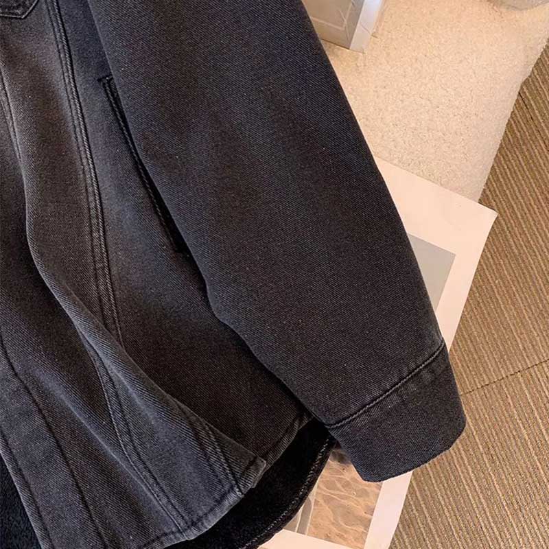 Denim Jacket Blouse Shirt for Women Long Sleeve Fleece Thicked Casual Vintage Oversize Plaid Loose Coat Top