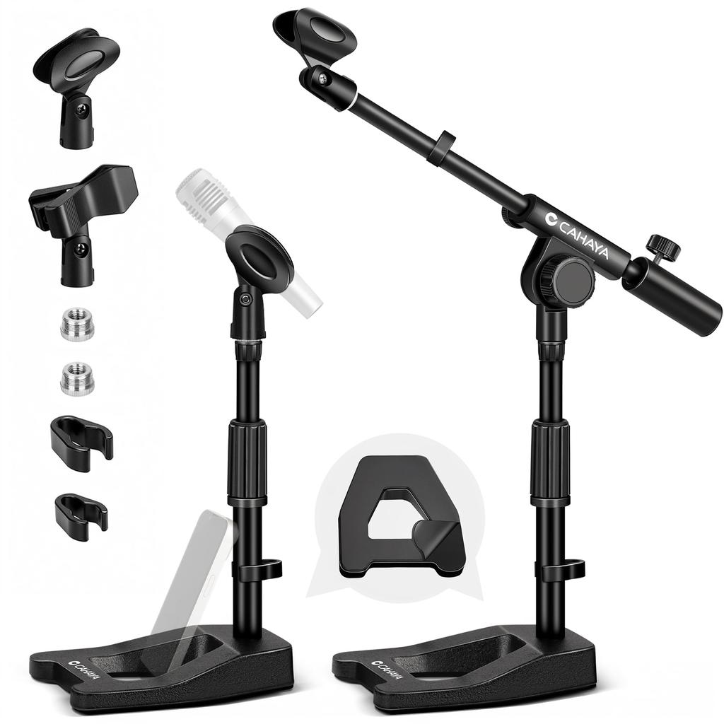 CAHAYA Microphone Stand Desktop Straight Boom 2-Way Design with Clip and Cable Cover Steel Triangular Base 1832g Height Adjustable 31-42cm 360°