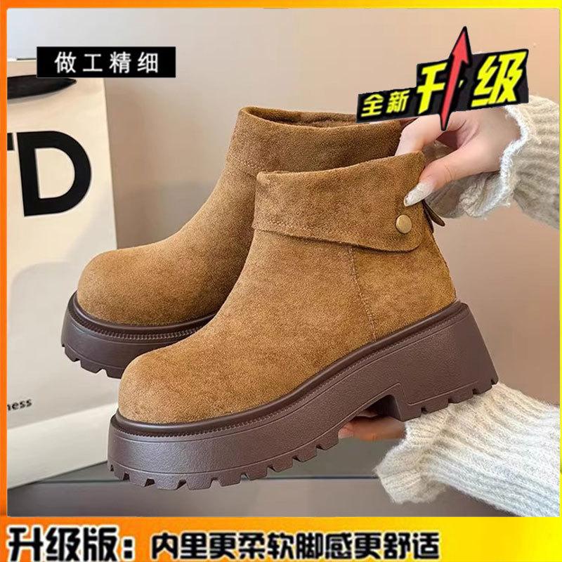 

Leather warm and heightened thick-heeled thick-soled snow boots women s short boots winter new velvet thickened cotton shoes 40