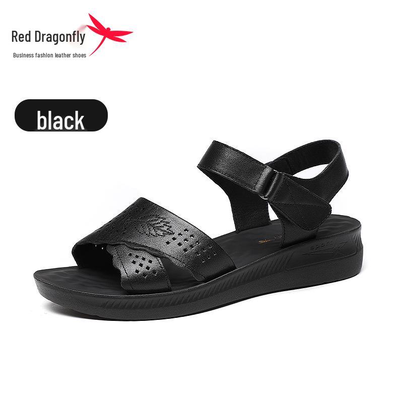 Red Dragonfly Women's Genuine Leather Sandals - Summer 2025 Comfortable Soft Sole Flat Bottom for Middle-aged Mothers