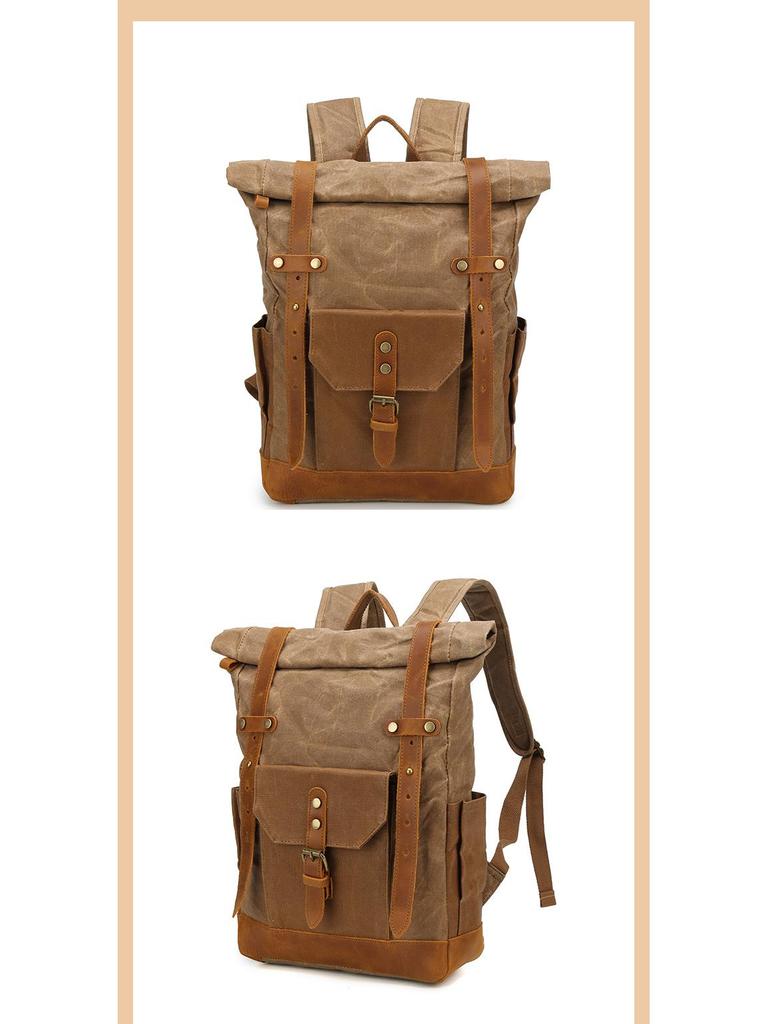 Retro Waxed Canvas Backpack with Leather Trim - Large Capacity, Pepper Salt Design, In Stock