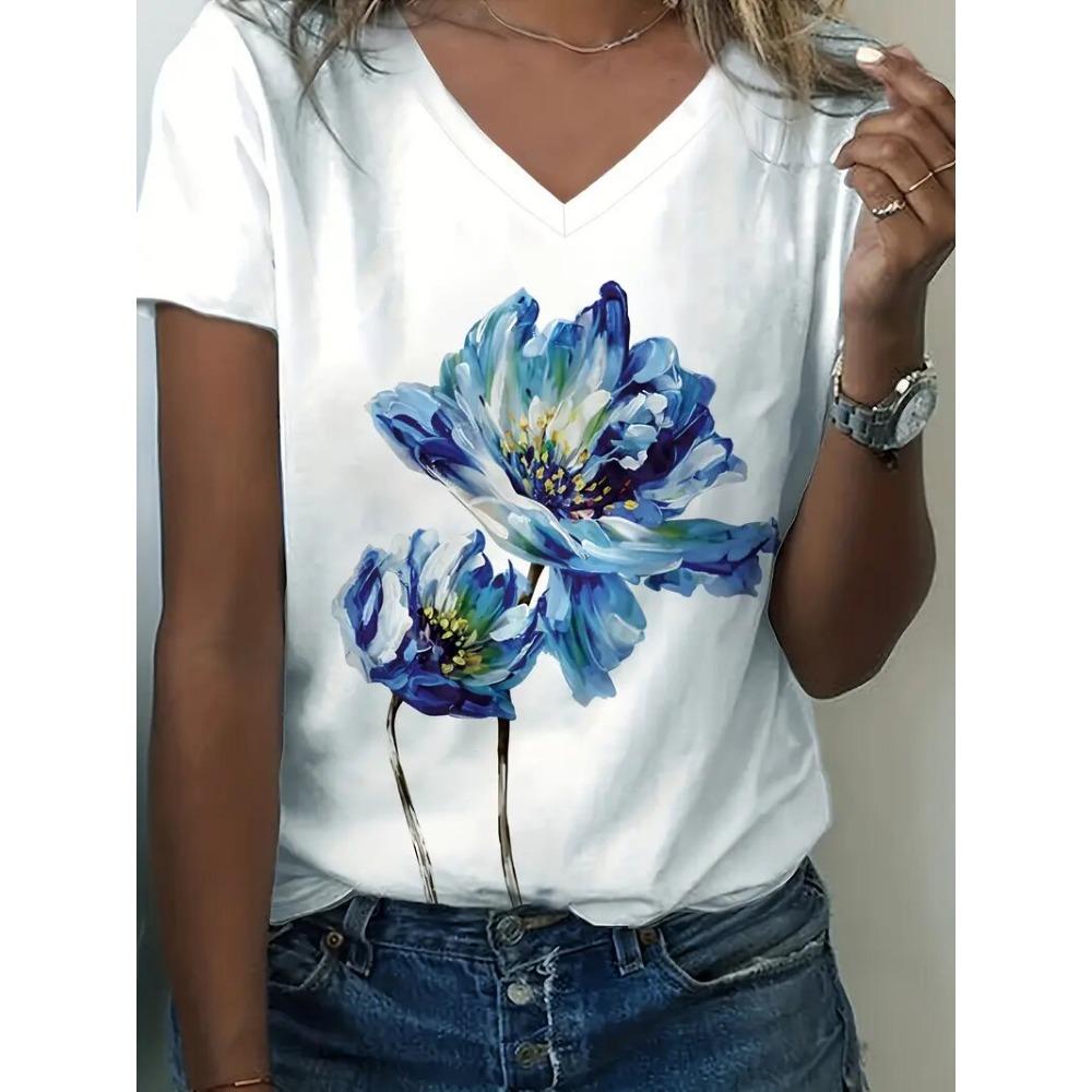 New Women T-shirt Simple Graphic Print Oversized Women's Trending Clothing Fashion Short Sleeve Shirt Women V-Neck Blouse 2025
