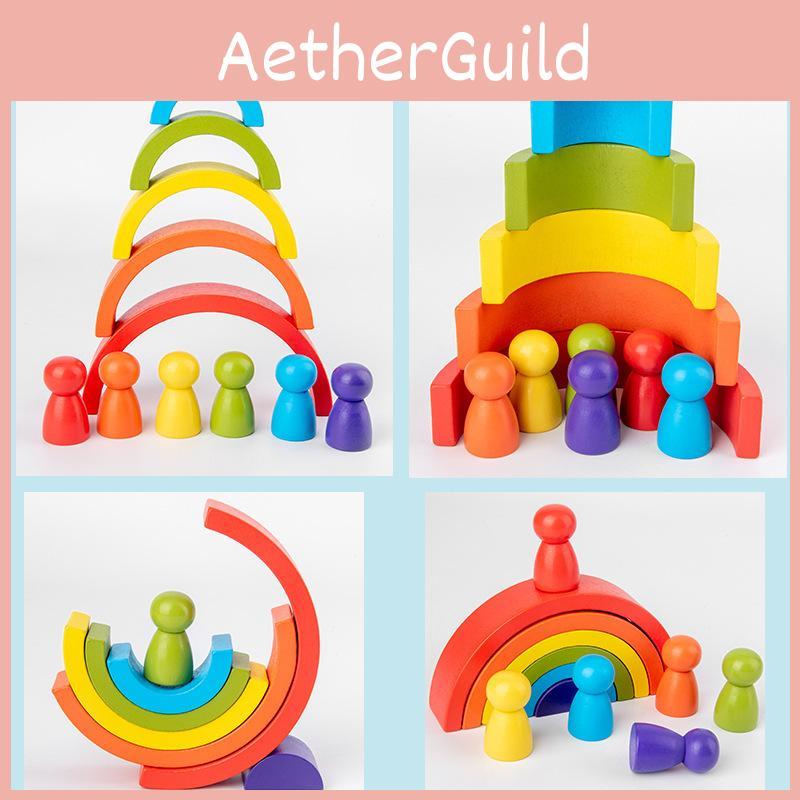 Block Building Rainbow Childrens Wooden Educational Toy Color Cognition Exercise