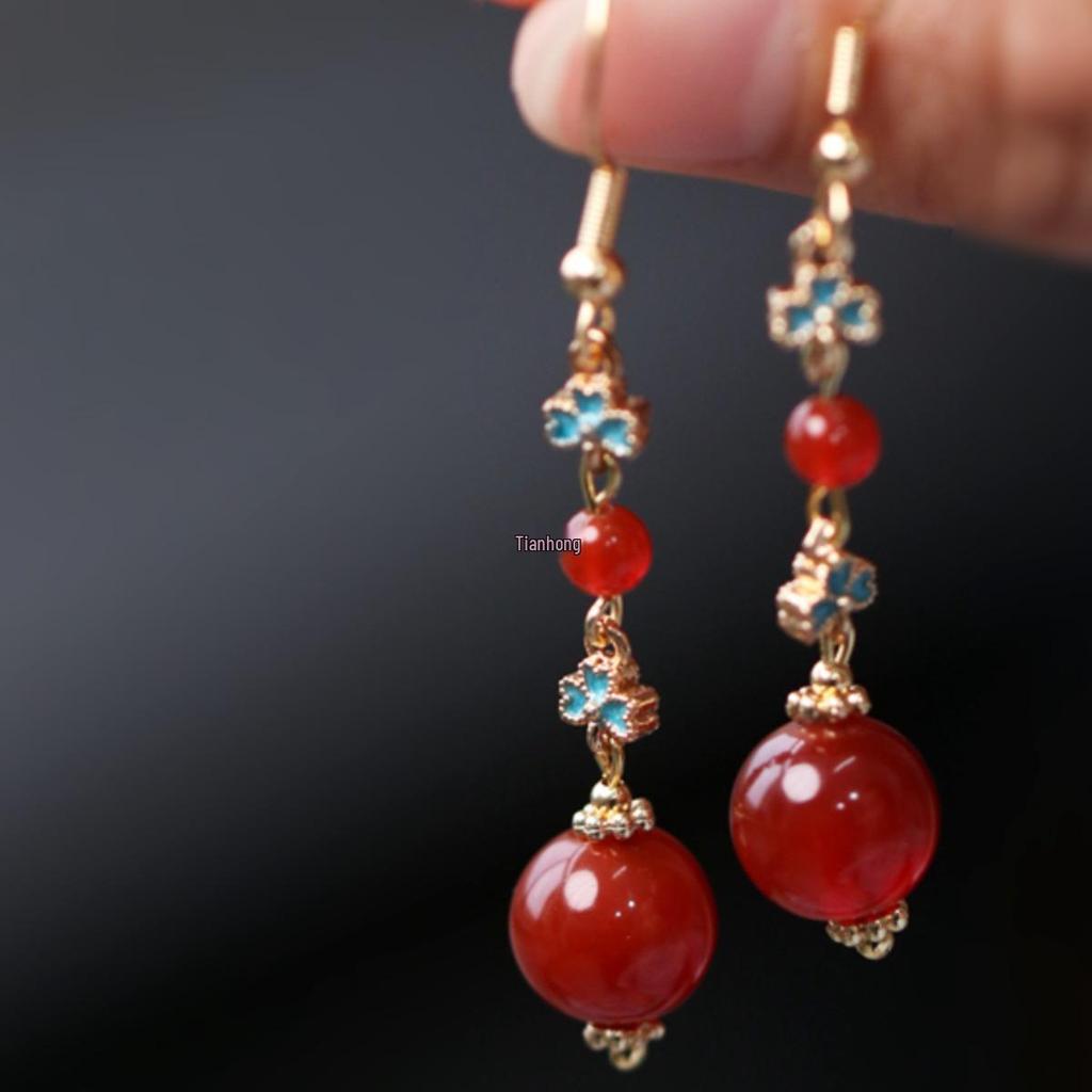 Ming & Song Style Red Agate Cloisonné Enamel Dangle Earrings - Original Chinese Design, Perfect for Ma Mian Skirt Accessories