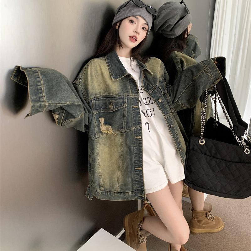 Giacca in denim retrò con buchi rotti, da donna, primavera e autunno, ampia, a maniche lunghe