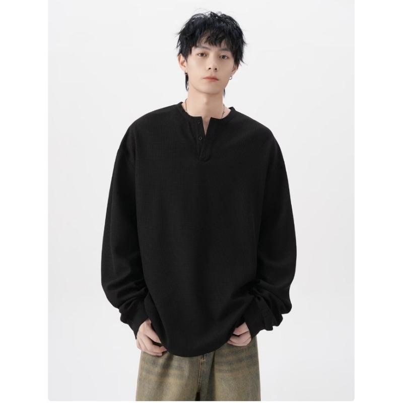 Spring Autumn Solid Color Round Neck Buttons T-shirt Male Long Sleeve Casual Fashion Tee Bottomed Top Men