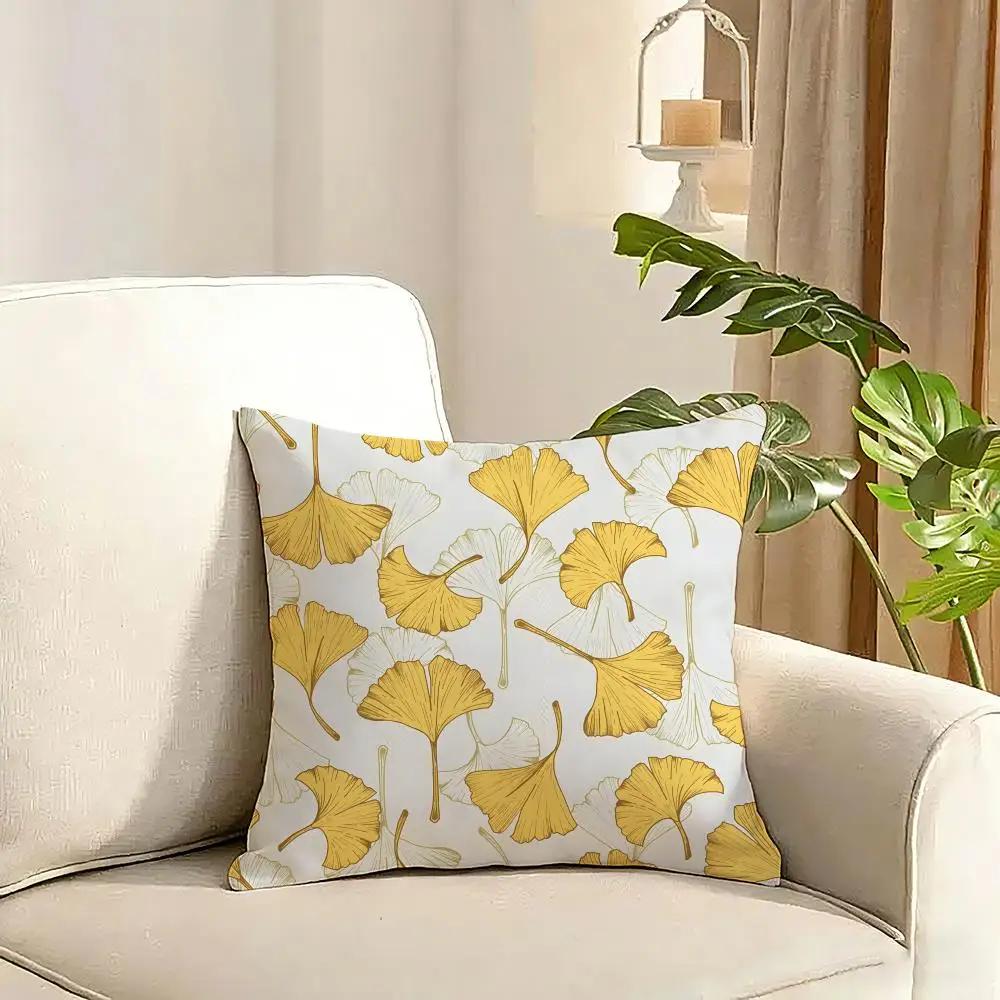Ginkgo Leaves Printed Cushion Cover Reversible Plush Pillow Cover Soft Fluffy Home Decor for Sofa Bedroom