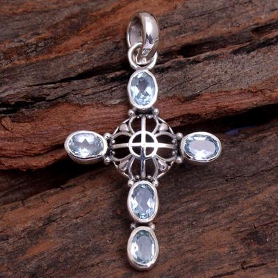 925 Sterling Silver Handmade Jewelry, Reiki Pendant, Blue Topaz Silver Pendant, Unisex Pendant, Cross Pendant, Spiritual Jewelry