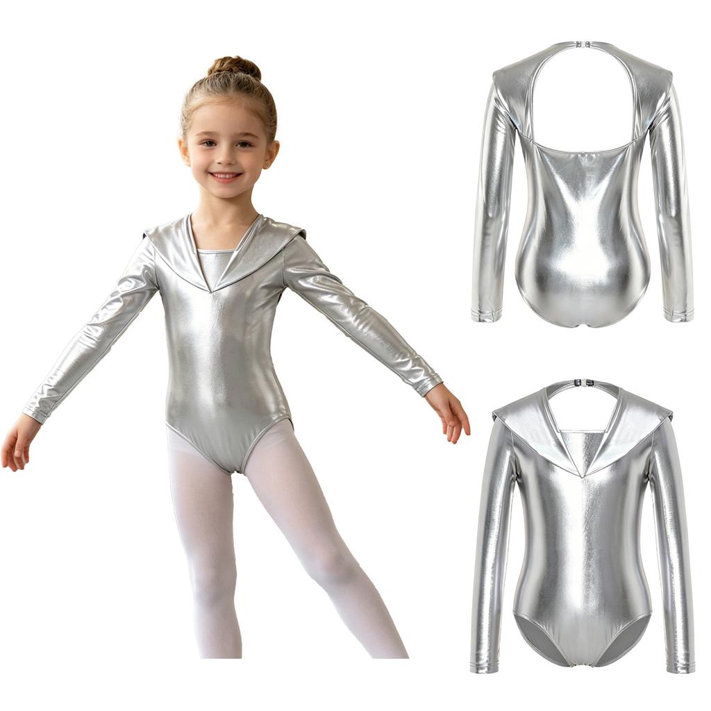 Kids Halloween Alien Leotard Metallic Long Sleeve Cutout Back Bodysuit for Dance Gymnastics Theme Party Performance