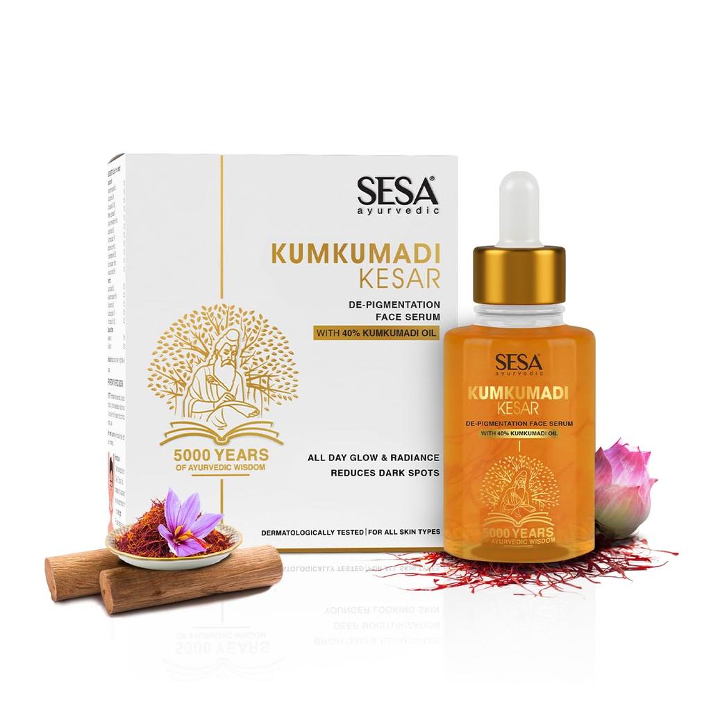 SESA Kumkumadi pleťové sérum 30 ml pro zářivou pleť s 40% Kumkumadi olejem, lehké, nelepivé, hydratační sérum proti stárnutí