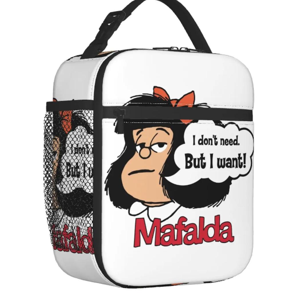 Funny Mafalda Insulated Lunch Bag for Women Resuable Quino Comic Cartoon Cooler Thermal Lunch Box Office Work School