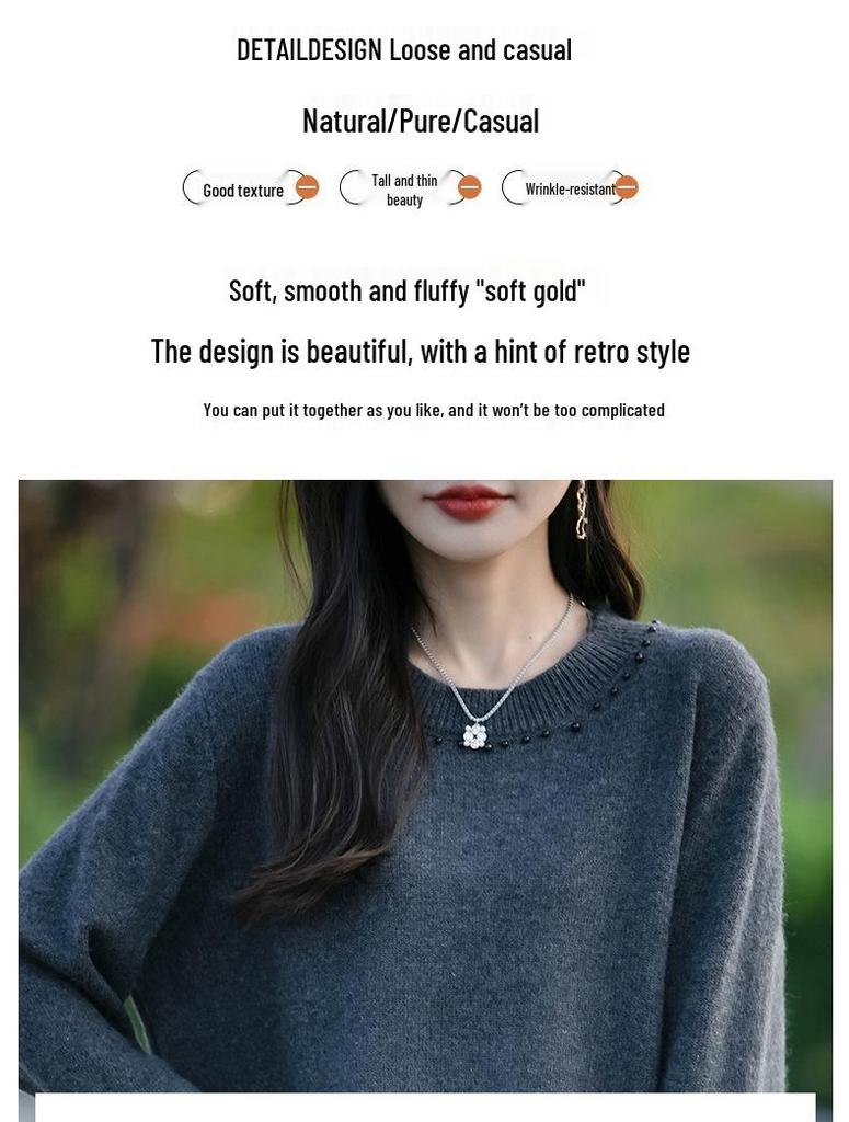 Women's Round Neck Long Sleeve Knit Sweater - Solid Color Loose Fit for Autumn and Winter